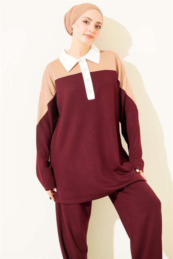 Loisha 2 Piece Set with Buttoned Shirt Collar, Burgundy
