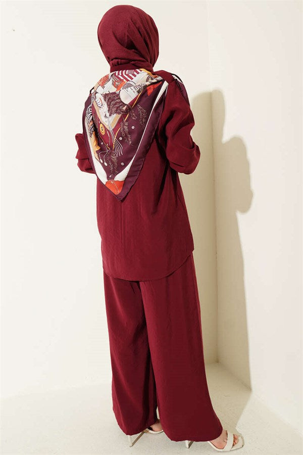 Shirt Collar Scarf Detail 2 Piece Set in Burgundy