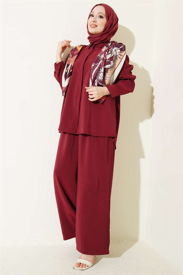 Shirt Collar Scarf Detail 2 Piece Set in Burgundy
