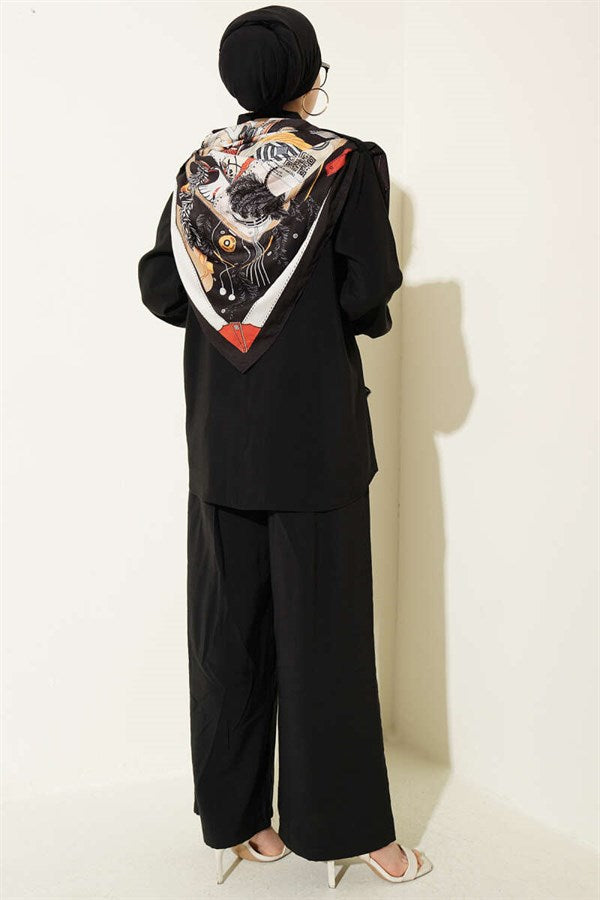 Shirt Collar Scarf Detail 2 Piece Set, Black