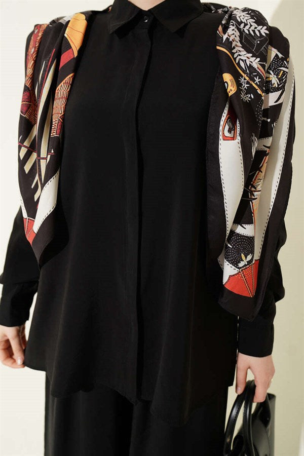 Shirt Collar Scarf Detail 2 Piece Set, Black