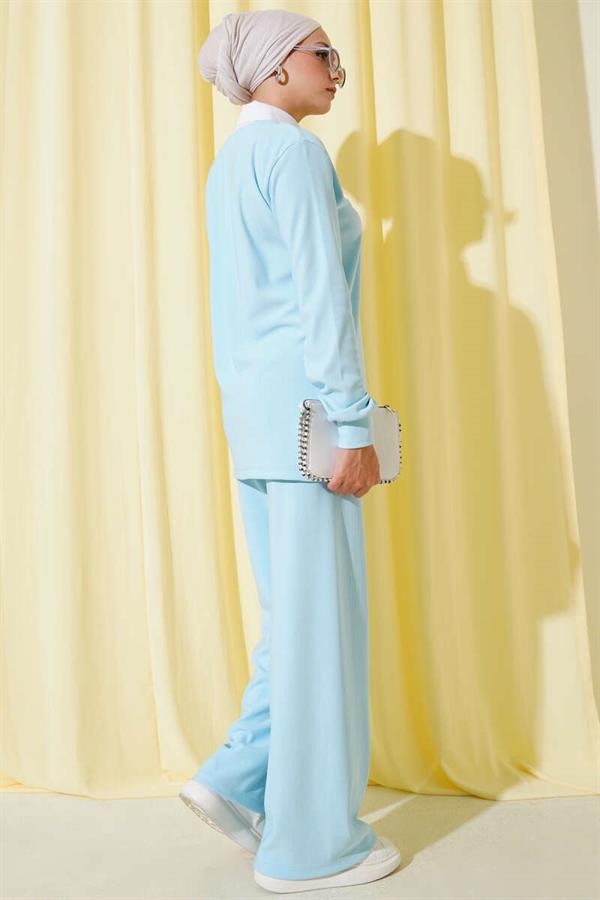 Shirt Collar Ribbed Casual 2 Piece Set Ice Blue