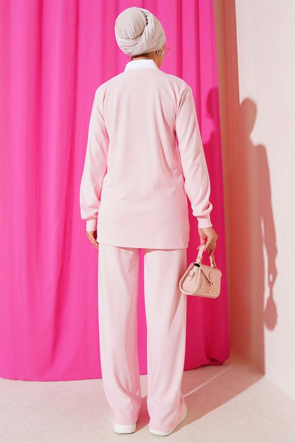 Shirt Collar Ribbed Casual 2 Piece Set Pink