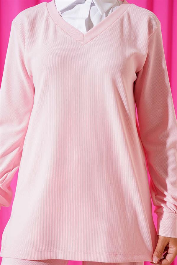 Shirt Collar Ribbed Casual 2 Piece Set Pink