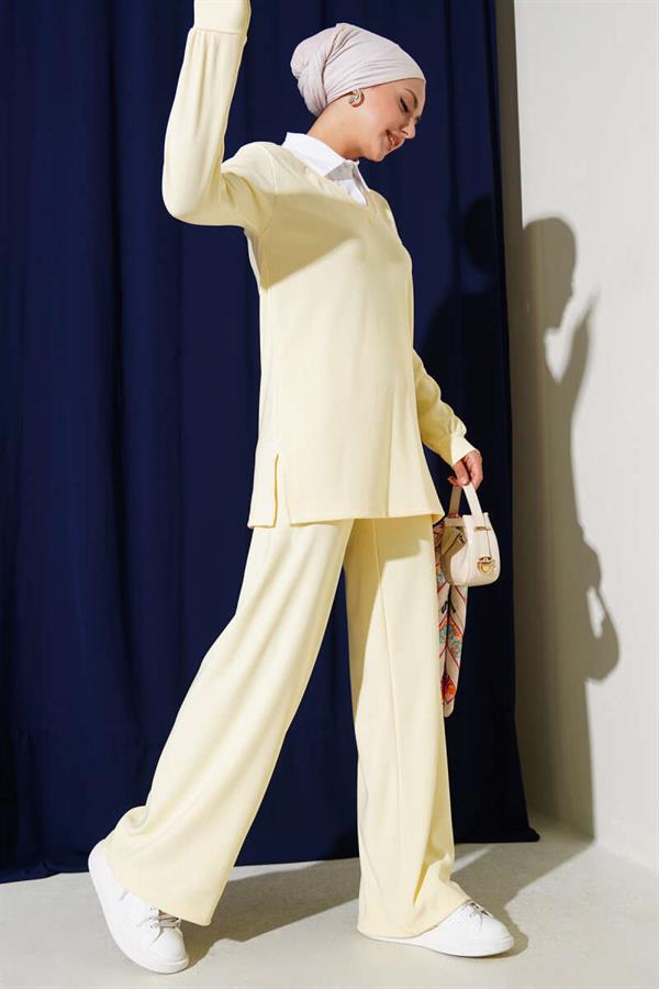 Shirt Collar Ribbed Casual 2 Piece Set Yellow