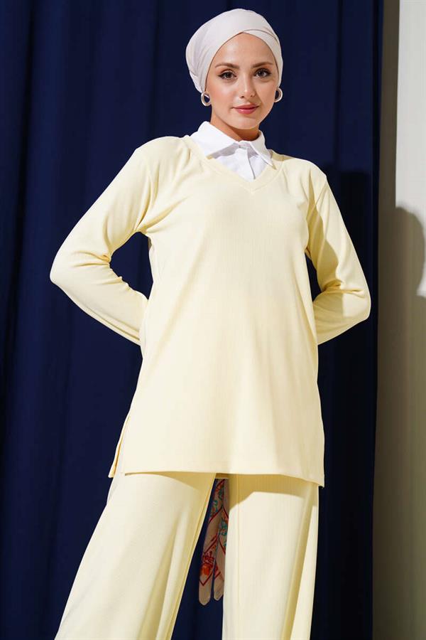 Shirt Collar Ribbed Casual 2 Piece Set Yellow