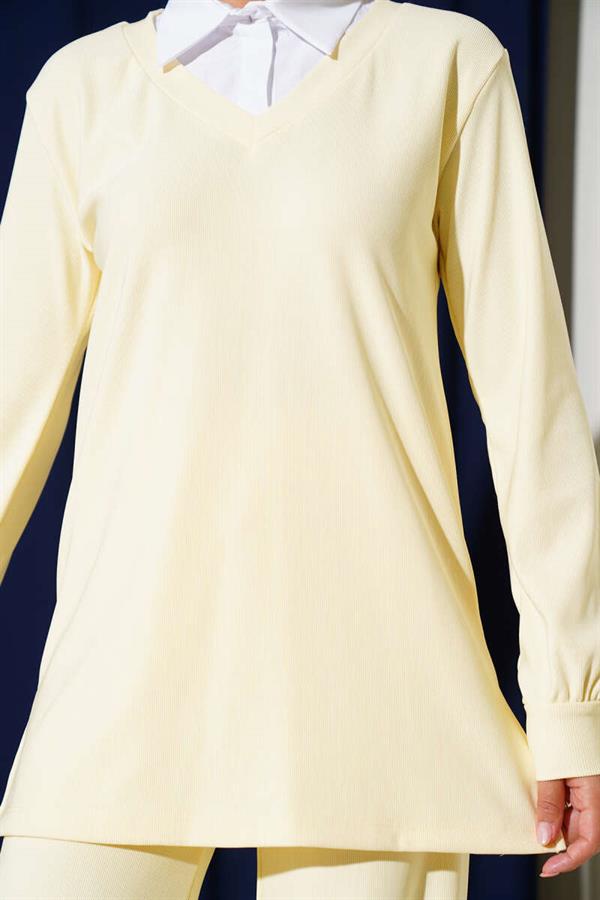 Shirt Collar Ribbed Casual 2 Piece Set Yellow