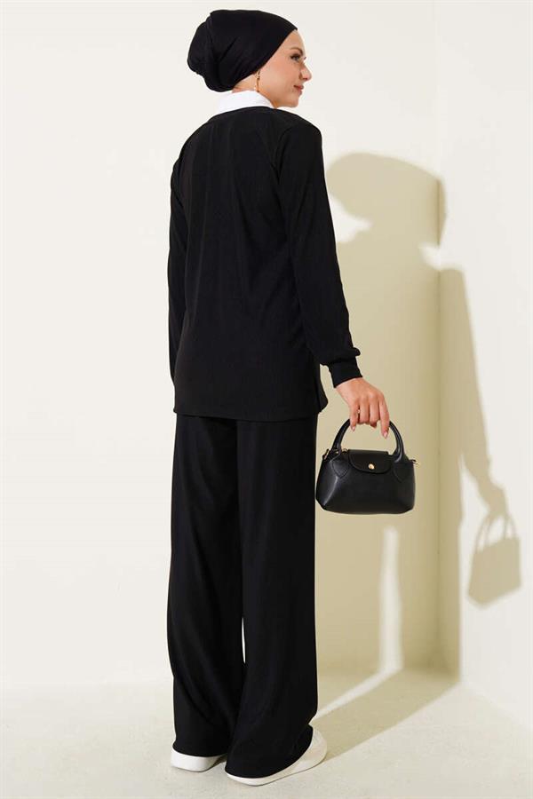 Shirt Collar Ribbed Casual 2 Piece Set Black
