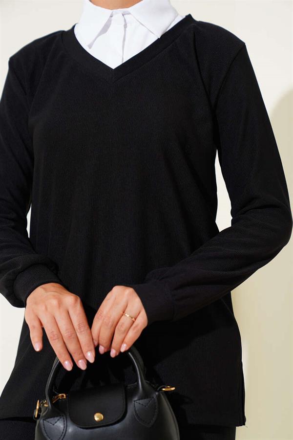 Shirt Collar Ribbed Casual 2 Piece Set Black