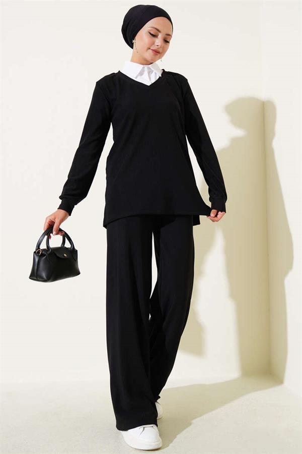 Shirt Collar Ribbed Casual 2 Piece Set Black