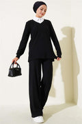 Shirt Collar Ribbed Casual 2 Piece Set Black