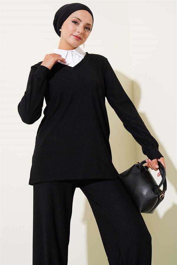 Shirt Collar Ribbed Casual 2 Piece Set Black