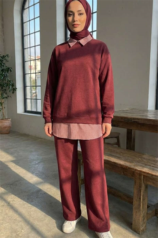 Shirt Collar Trimmed 2 Piece Set in Burgundy