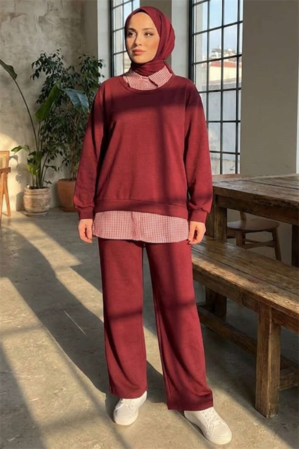 Shirt Collar Trimmed 2 Piece Set in Burgundy