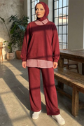 Shirt Collar Trimmed 2 Piece Set in Burgundy