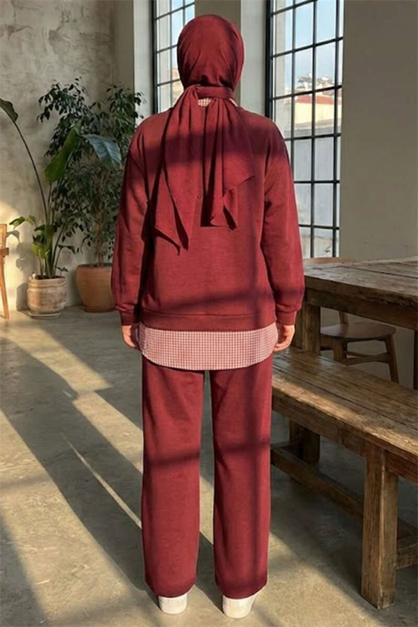 Shirt Collar Trimmed 2 Piece Set in Burgundy