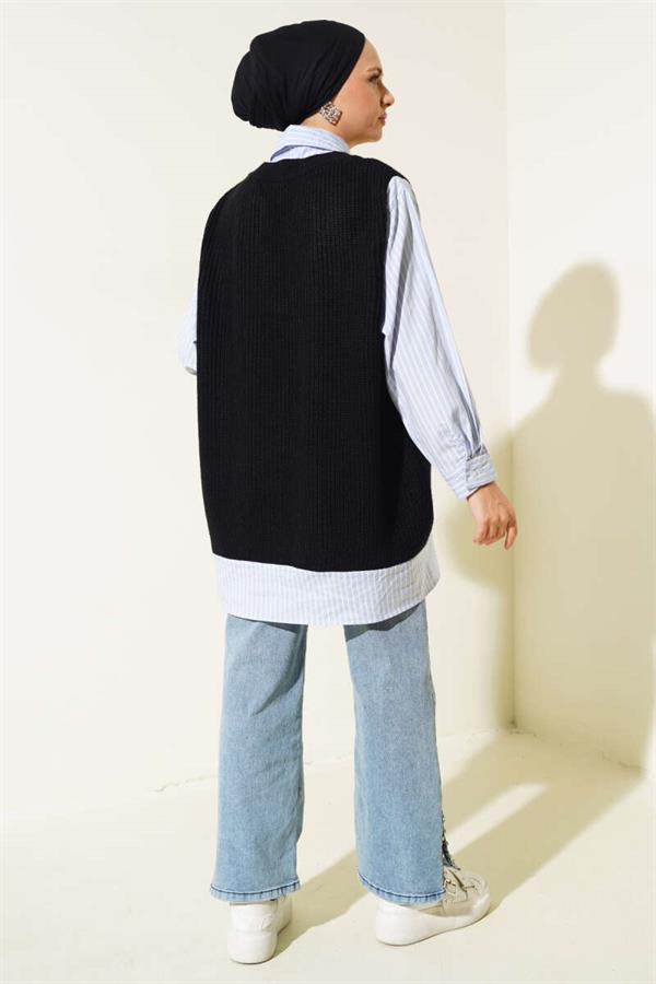 Shirt Collar Garnished Sweater Blue Black