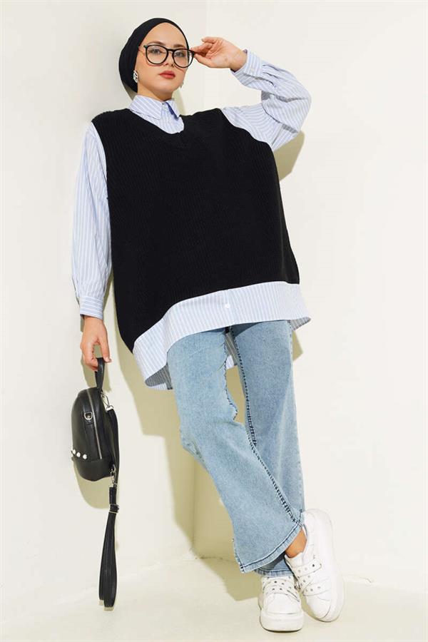 Shirt Collar Garnished Sweater Blue Black