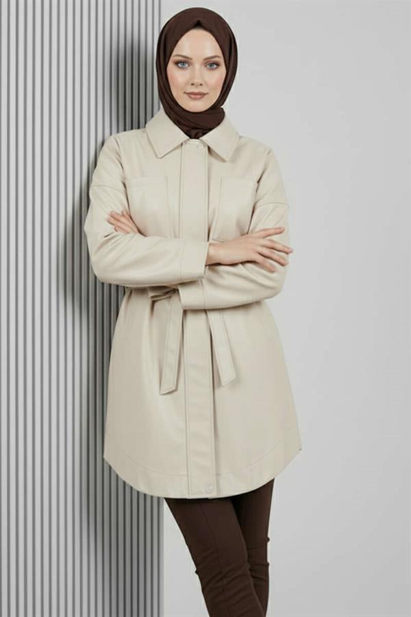 Shirt Collar Rope Belted Leather Jacket Beige