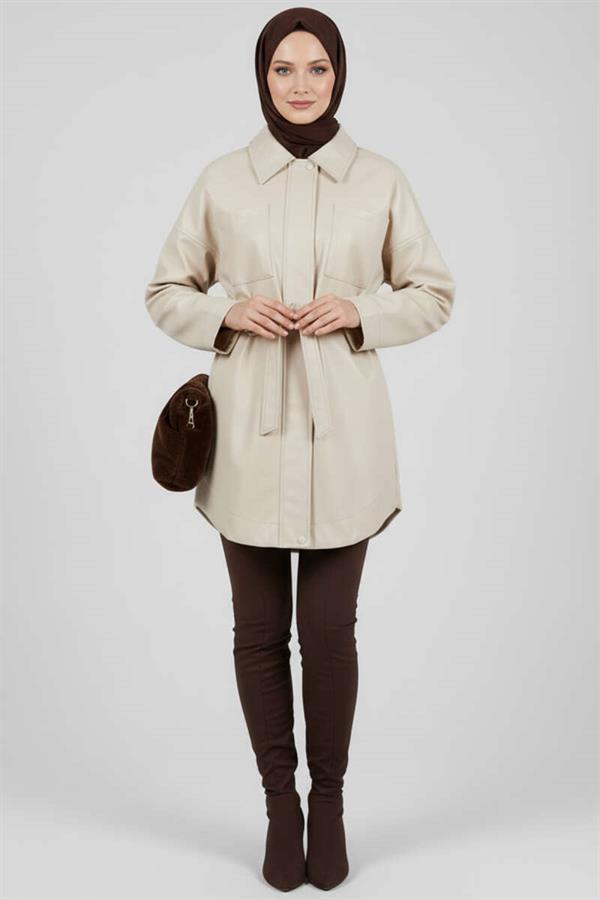 Shirt Collar Rope Belted Leather Jacket Beige