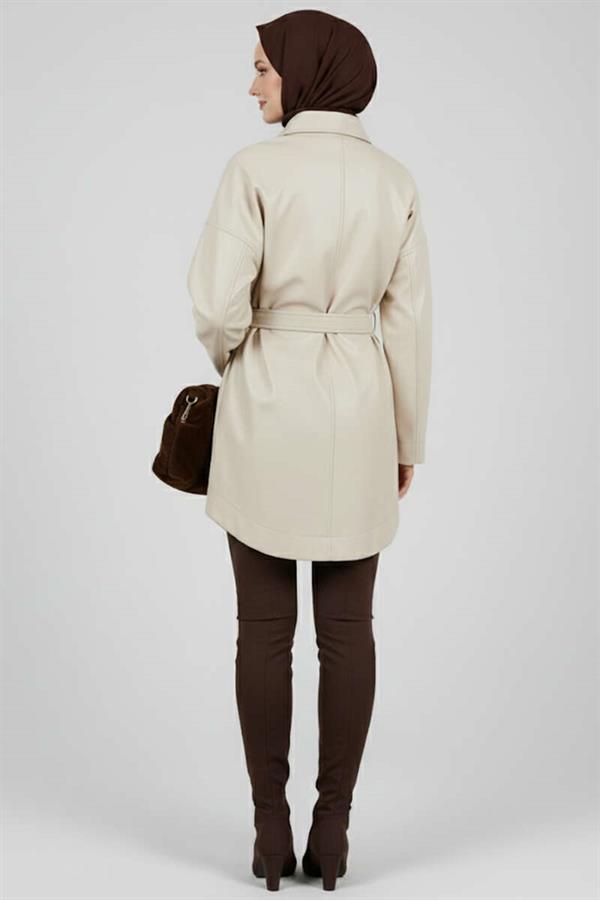 Shirt Collar Rope Belted Leather Jacket Beige
