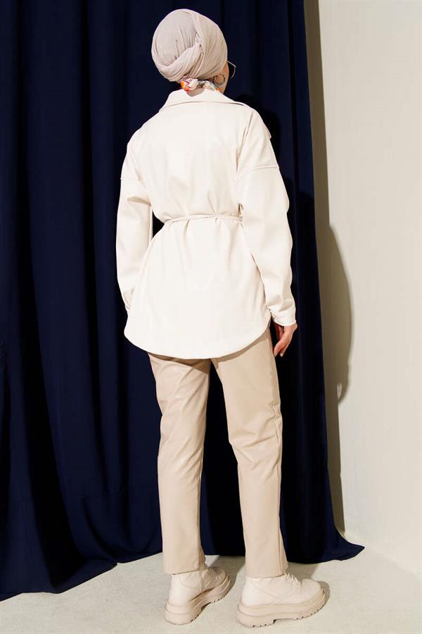 Shirt Collar Rope Belted Leather Jacket Ecru