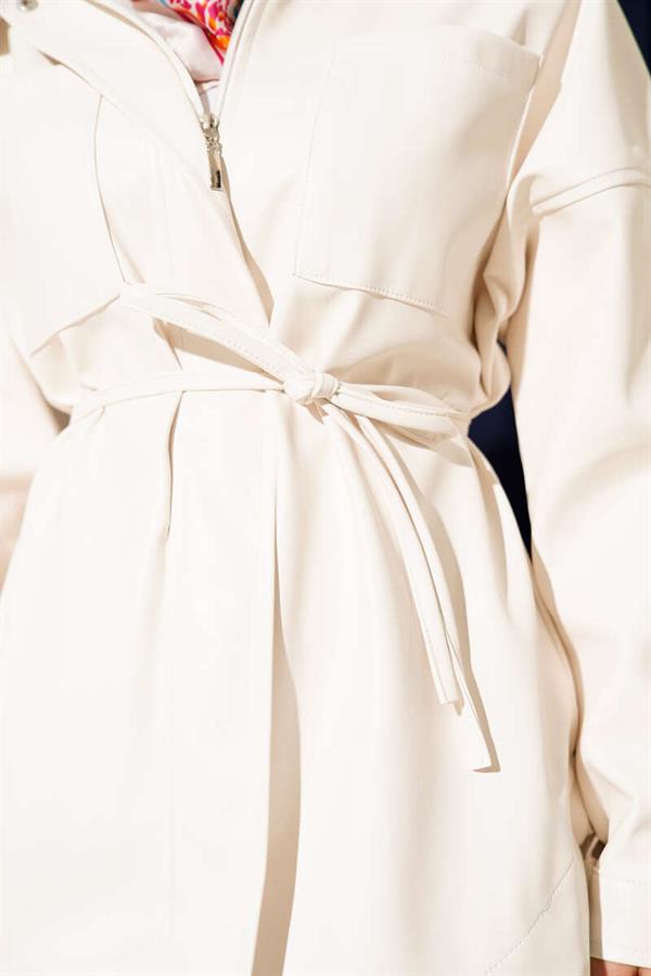 Shirt Collar Rope Belted Leather Jacket Ecru