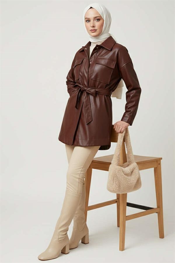 Shirt Collar Rope Belted Leather Jacket Brown
