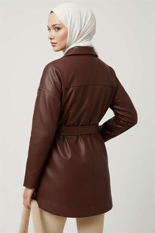 Shirt Collar Rope Belted Leather Jacket Brown