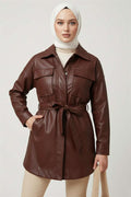 Shirt Collar Rope Belted Leather Jacket Brown
