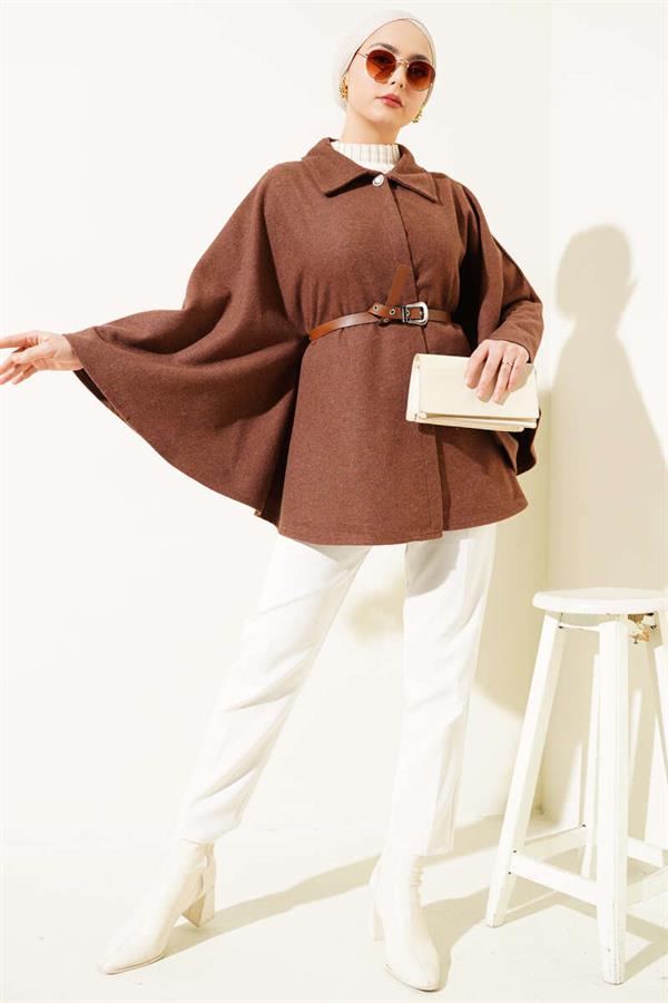 Shirt Collar Belted Cashmere Poncho Brown
