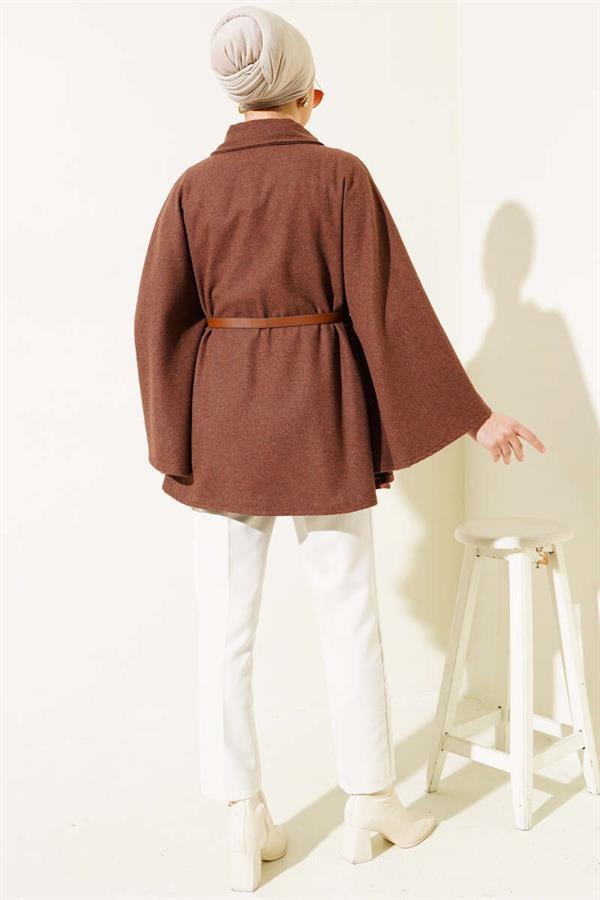 Shirt Collar Belted Cashmere Poncho Brown