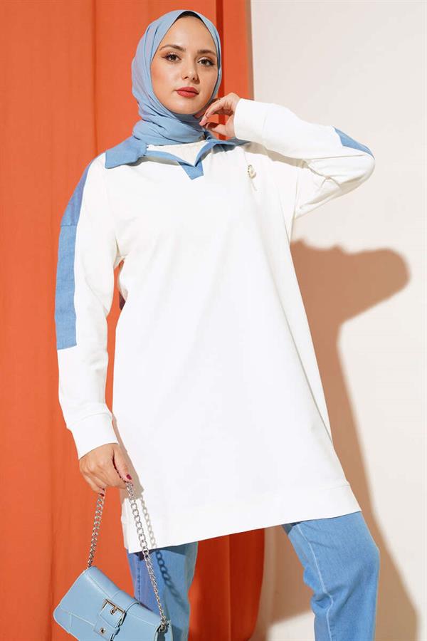 Shirt Collar Denim Detailed 2 Piece Set Ecru
