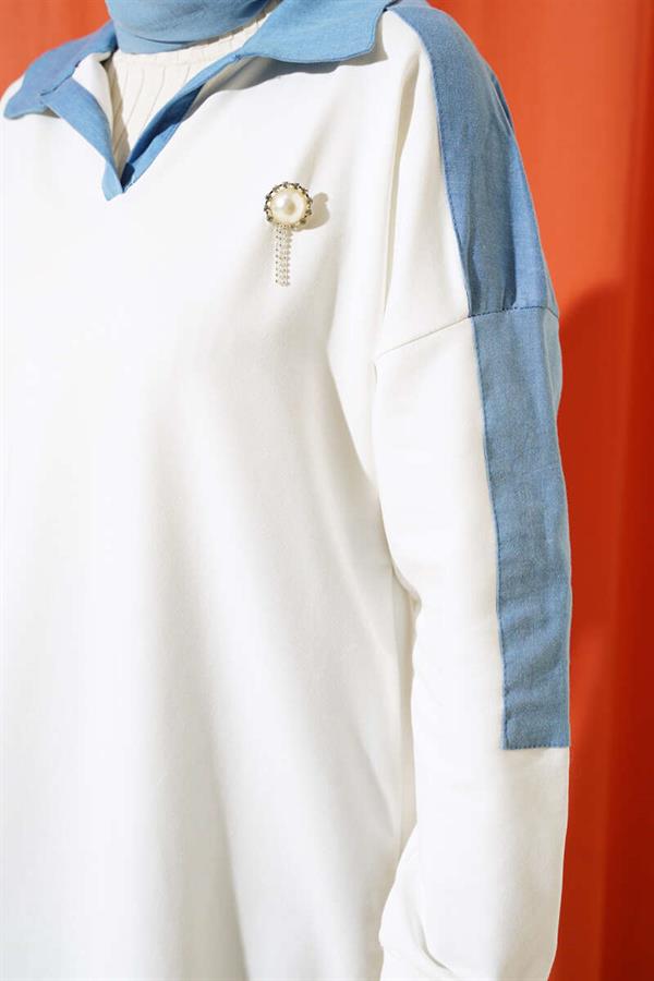 Shirt Collar Denim Detailed 2 Piece Set Ecru