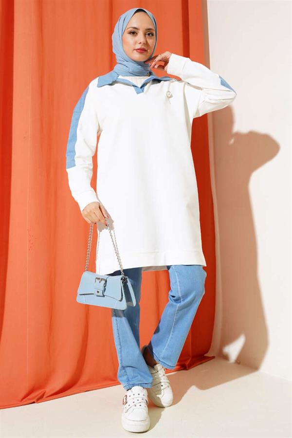 Shirt Collar Denim Detailed 2 Piece Set Ecru