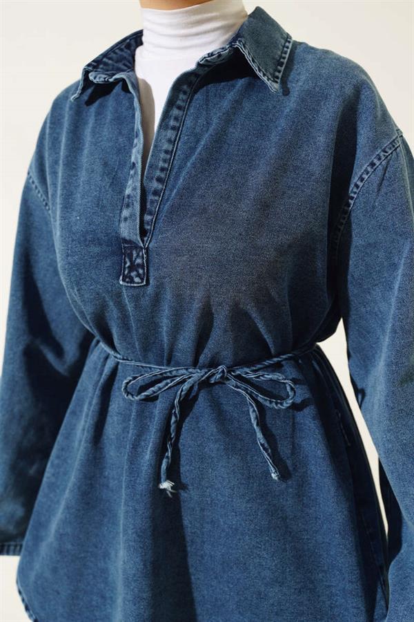 Shirt Collar Denim Tunic Denim Blue