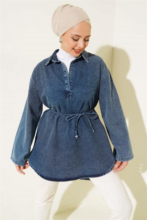 Shirt Collar Denim Tunic Denim Blue