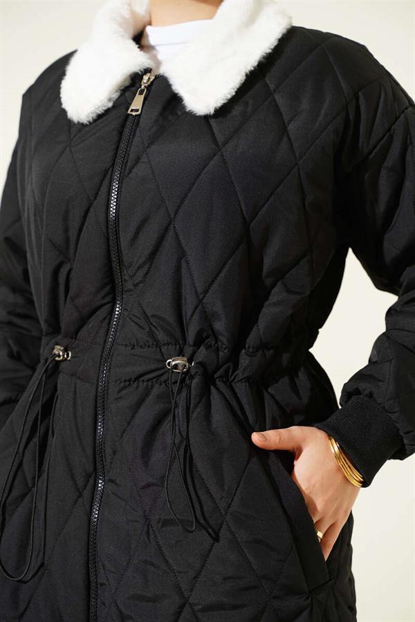 Shirt Collar Fur Quilted Coat Black