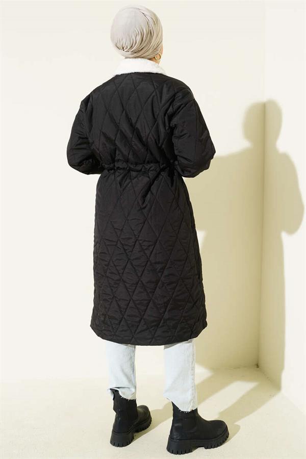 Shirt Collar Fur Quilted Coat Black