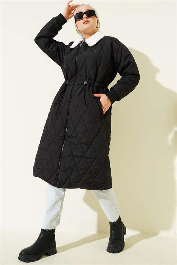 Shirt Collar Fur Quilted Coat Black