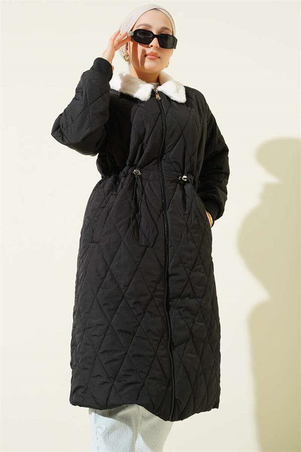 Shirt Collar Fur Quilted Coat Black