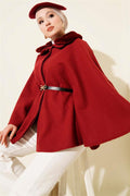 Shirt Collar Fur-Lined Cashmere Poncho Burgundy
