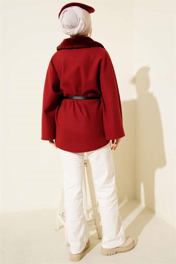Shirt Collar Fur-Lined Cashmere Poncho Burgundy