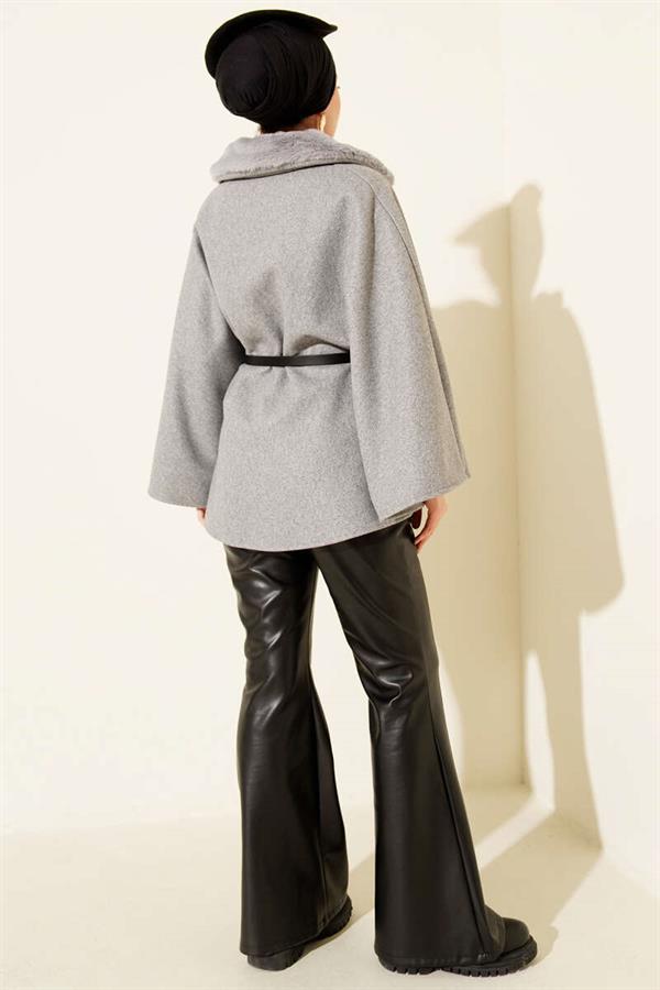 Shirt Collar Fur-Lined Cashmere Poncho Grey
