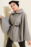 Shirt Collar Fur-Lined Cashmere Poncho Grey