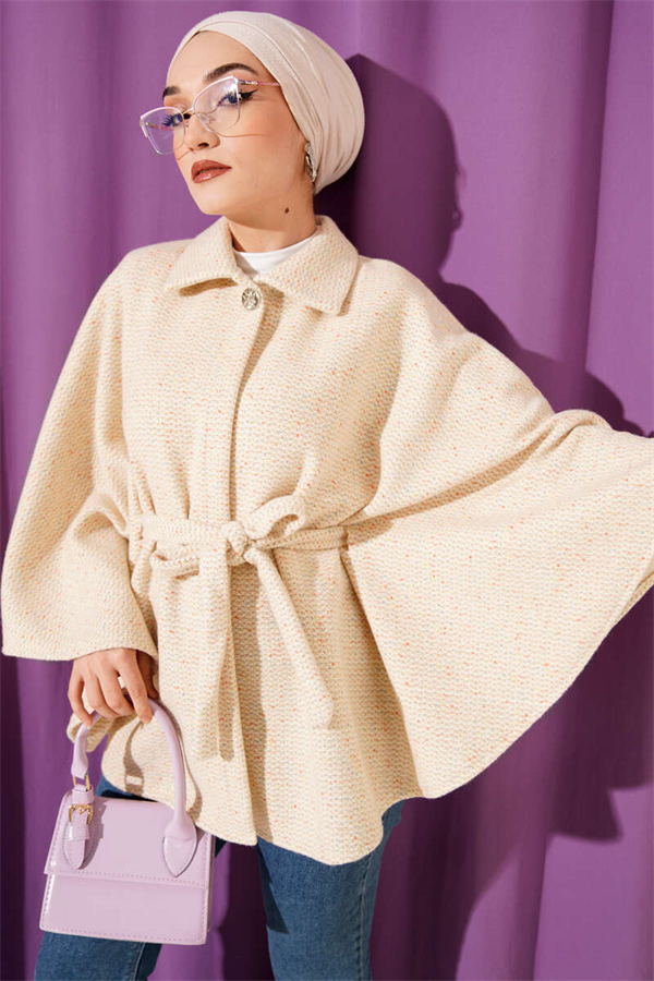 Shirt Collar Belted Cashmere Poncho Beige