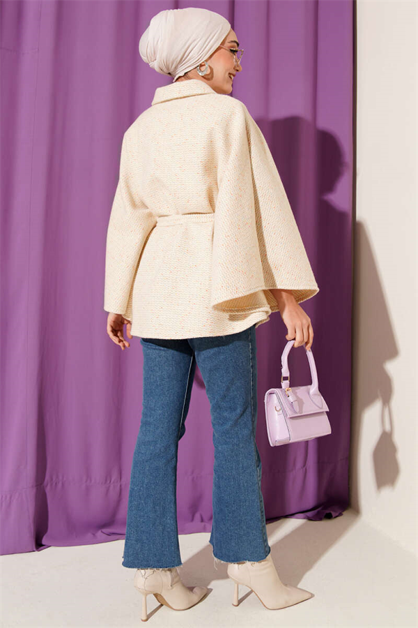 Shirt Collar Belted Cashmere Poncho Beige