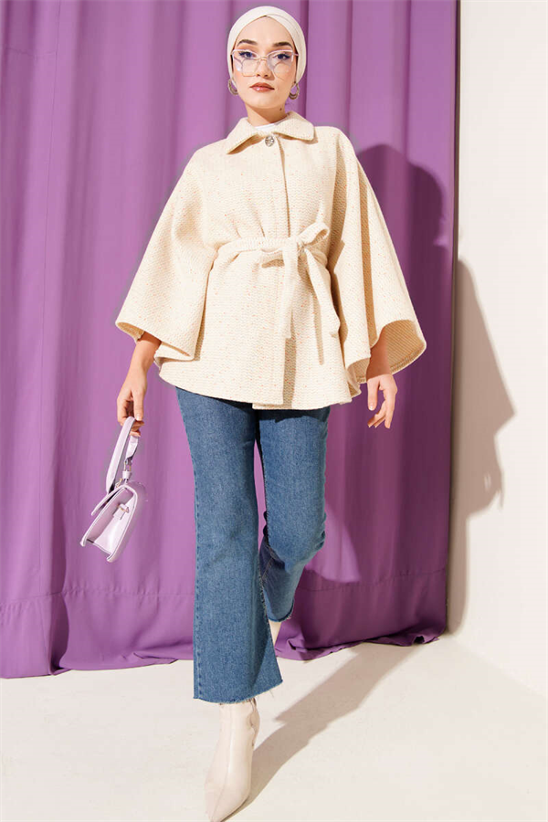 Shirt Collar Belted Cashmere Poncho Beige