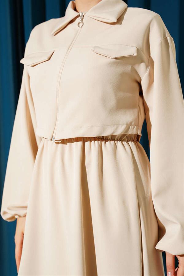 Shirt Collar Zippered Vest Set Beige