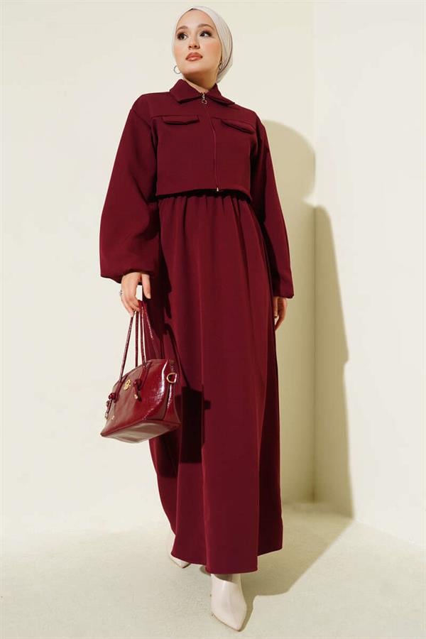 Shirt Collar Zippered Vest Set Burgundy